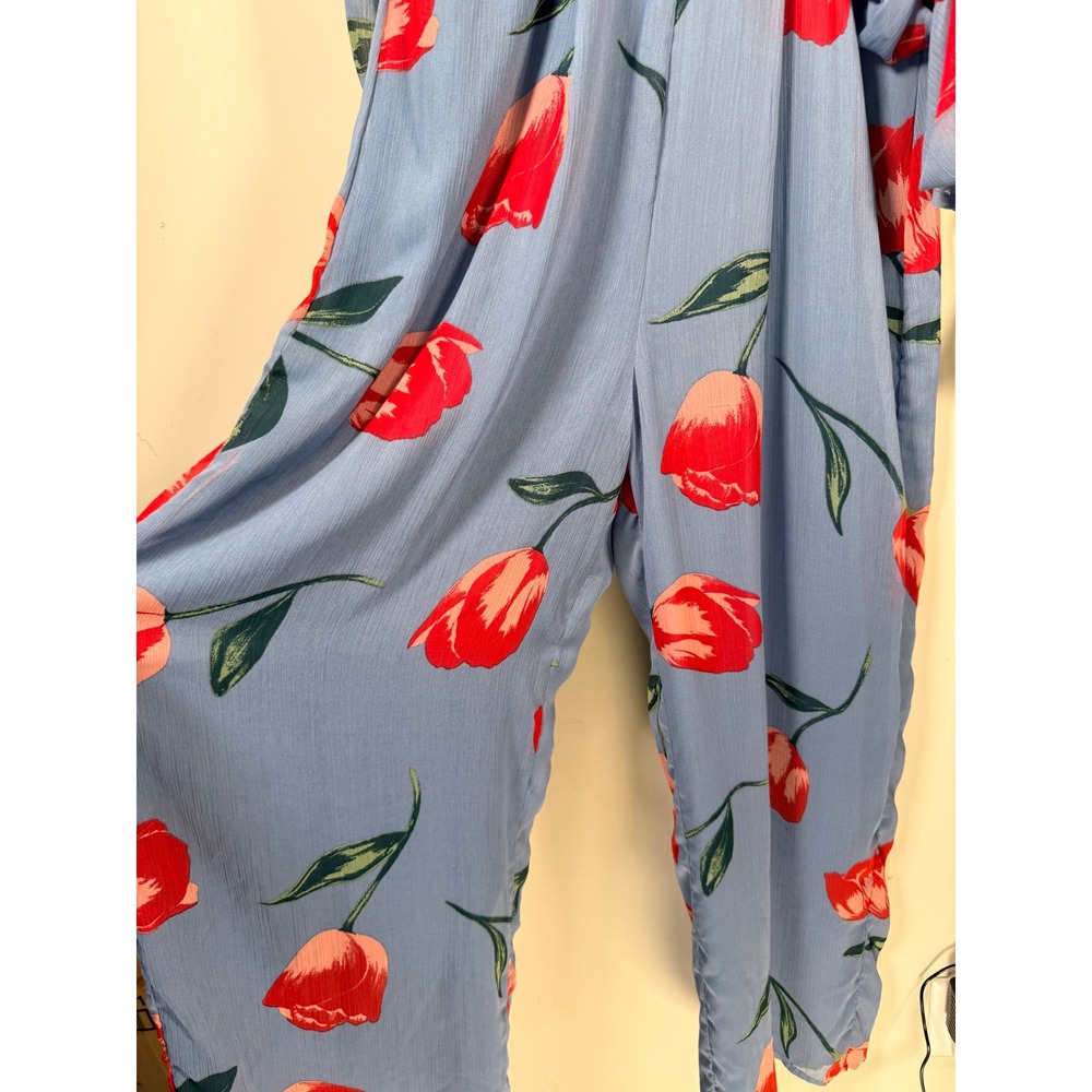 Lulus Light Blue Red Tulip Floral Wrap Front Wide Leg Jumpsuit Long Sleeve M - Picture 9 of 9